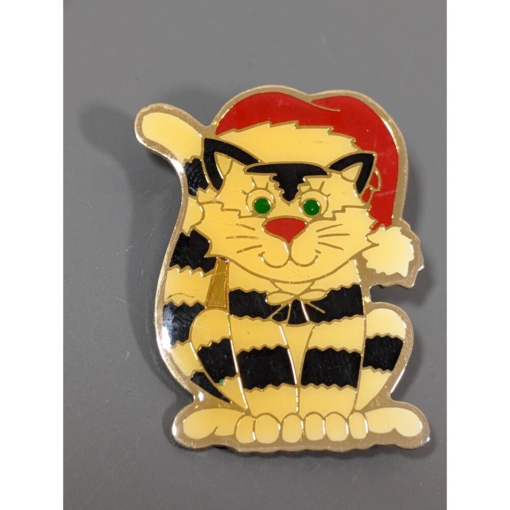 Vintage Christmas Cat Pin Black White Striped Enamel Santa Hat